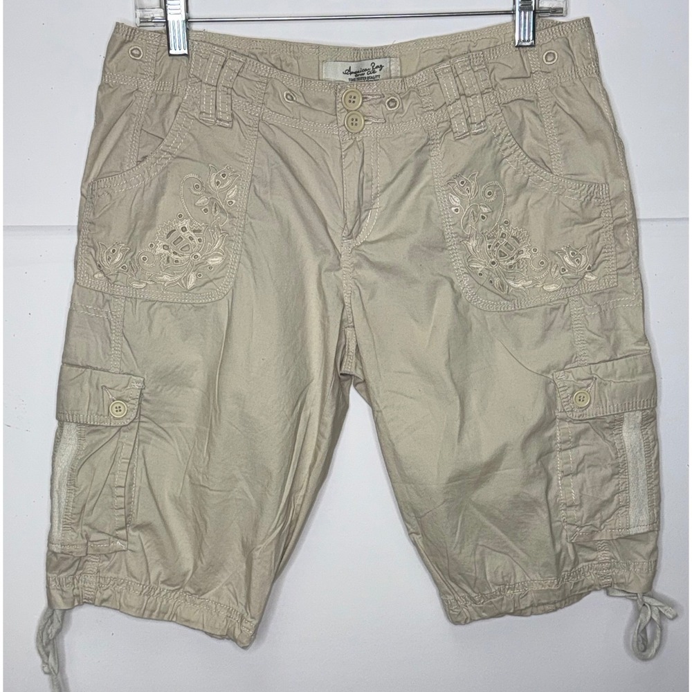 American Rag Cargo Capri Shorts 11 Tan Eyelet Floral Utility Boho Gorpcore Y2K